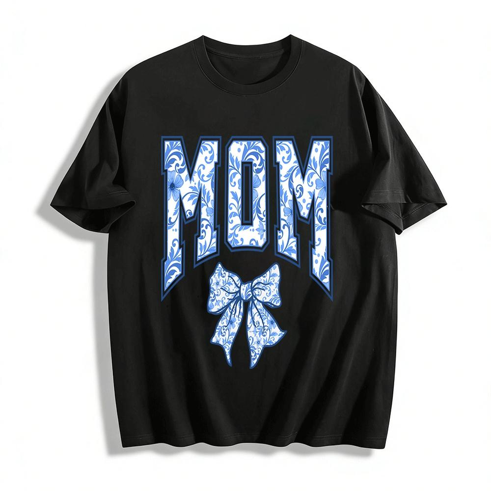 

Blue and White Porcelain MOM Bow Print Casual Loose Top Pure cotton T-shirt XXS