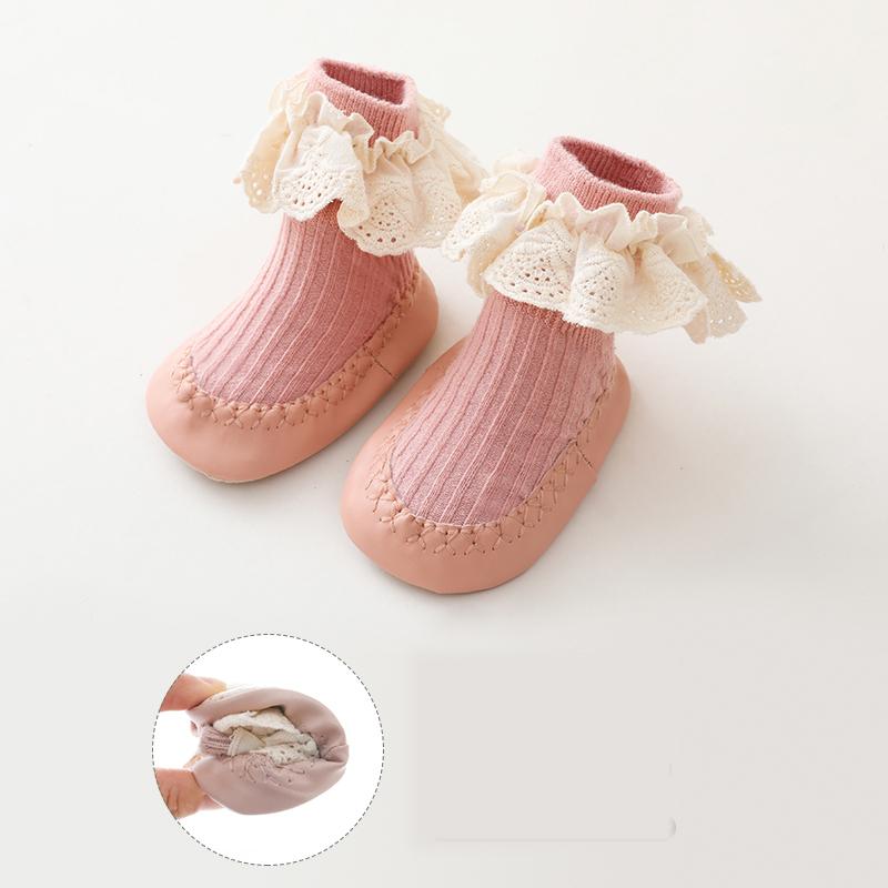 Baby Girls Spring New PU Sole Floor Socks Non-Skid Infant Toddler  Lace Socks Shoes Princess High Quality Cotton Baby Shoes