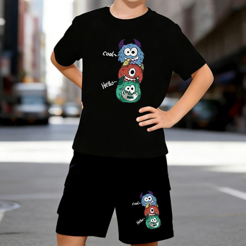 

Boys 2 Piece Cartoon Little Monster Printed outfit, Short Sleeve T-Shirt and Shorts Set for Kids Age 5-14,White, Black Sporty Casual Summer Clothes 5-6 Years чёрный