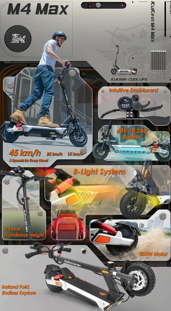 Foldable Electric Scooter Kukirin M4 Max, 800W Motor, 48V 18.2Ah Battery, Top Speed 45km/h, Cruising Range 65km, 10-inch Tires+4 Gifts