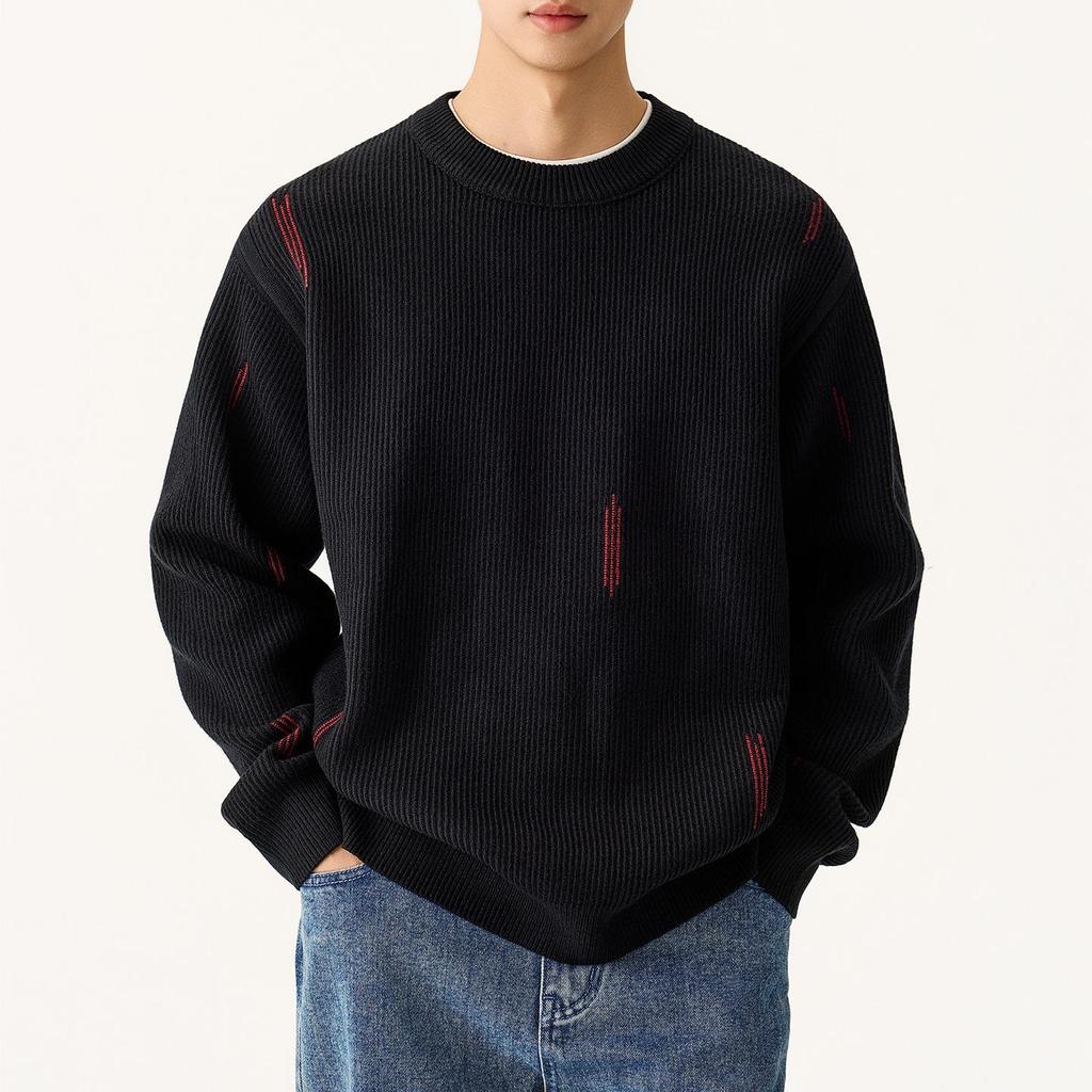 Men's High-End Round Neck Knit Sweater - Black & Red, Warm Autumn/Winter Inner Wear, In Stock with Tags