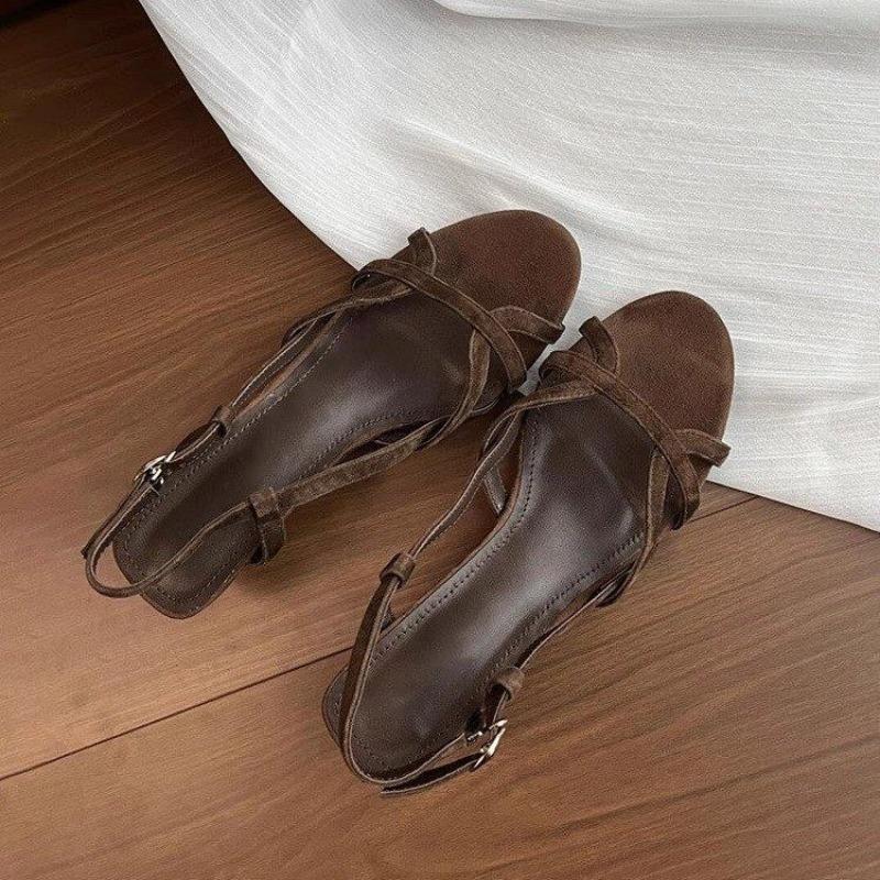 Fashion Summer 2025 Niche Design Simple Open Toe Round Toe Crossover Belt Wedge Sandals Women's Versatile Roman Sandals