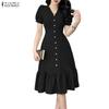 ZANZEA Women Casual V-Neck Short Sleeve Elegant Ruffles Hem Dress