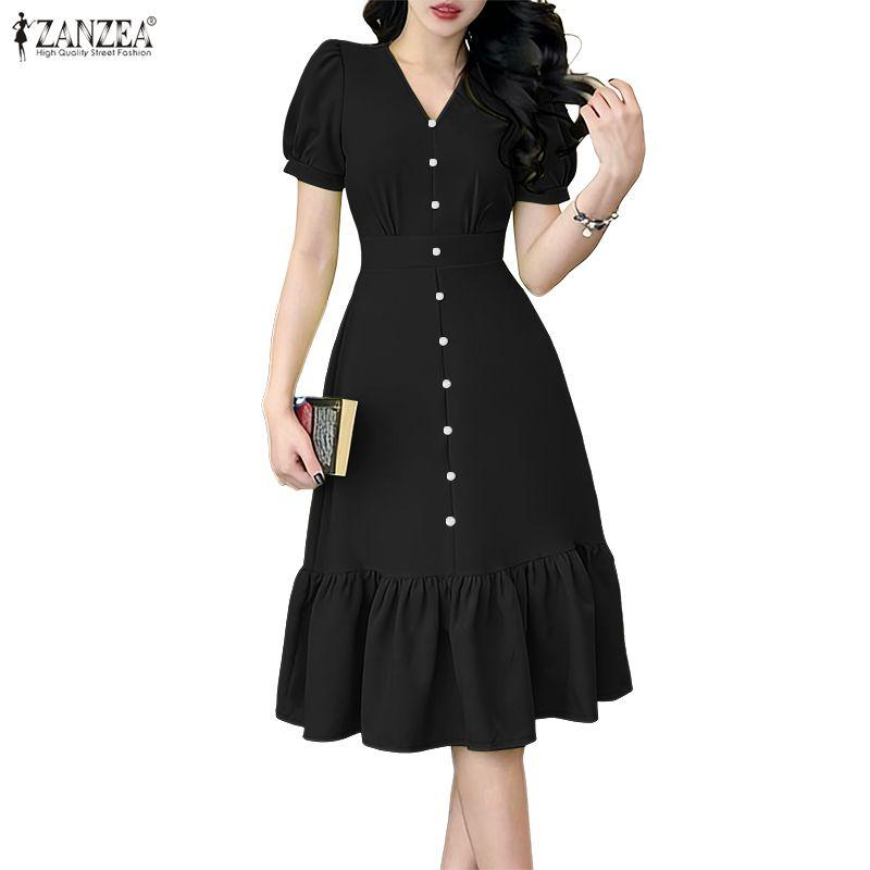 ZANZEA Women Casual V-Neck Short Sleeve Elegant Ruffles Hem Dress