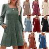 Women Square Neck Knit Dress Long Sleeve Pockets A‑Line Swing Ruffle Hem Casual Fall Short Knitted Midi Dress