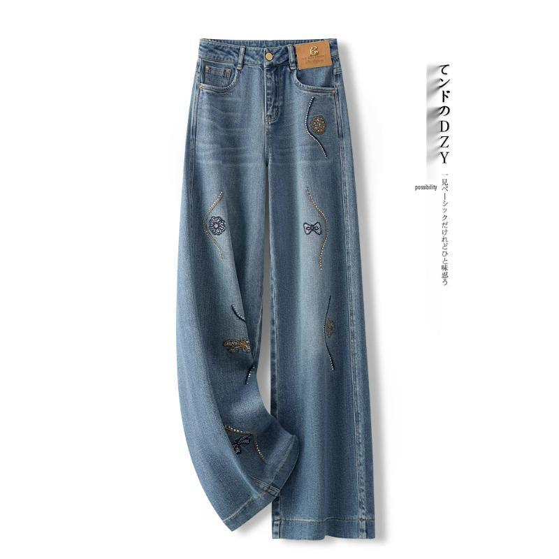 

Women s 2025 Retro Wide-Leg Jeans with Hot Drill Embroidery 28/L for 105-115 lbs