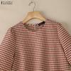 ZANZEA Women Casual Round Neck Grid Print Summer Short Sleeve Blouse