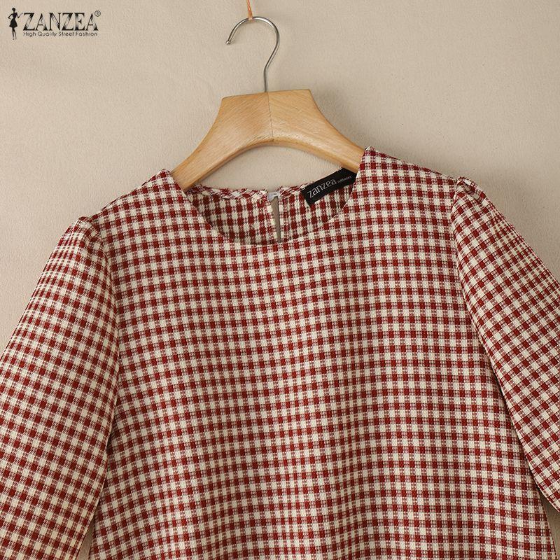 ZANZEA Women Casual Round Neck Grid Print Summer Short Sleeve Blouse