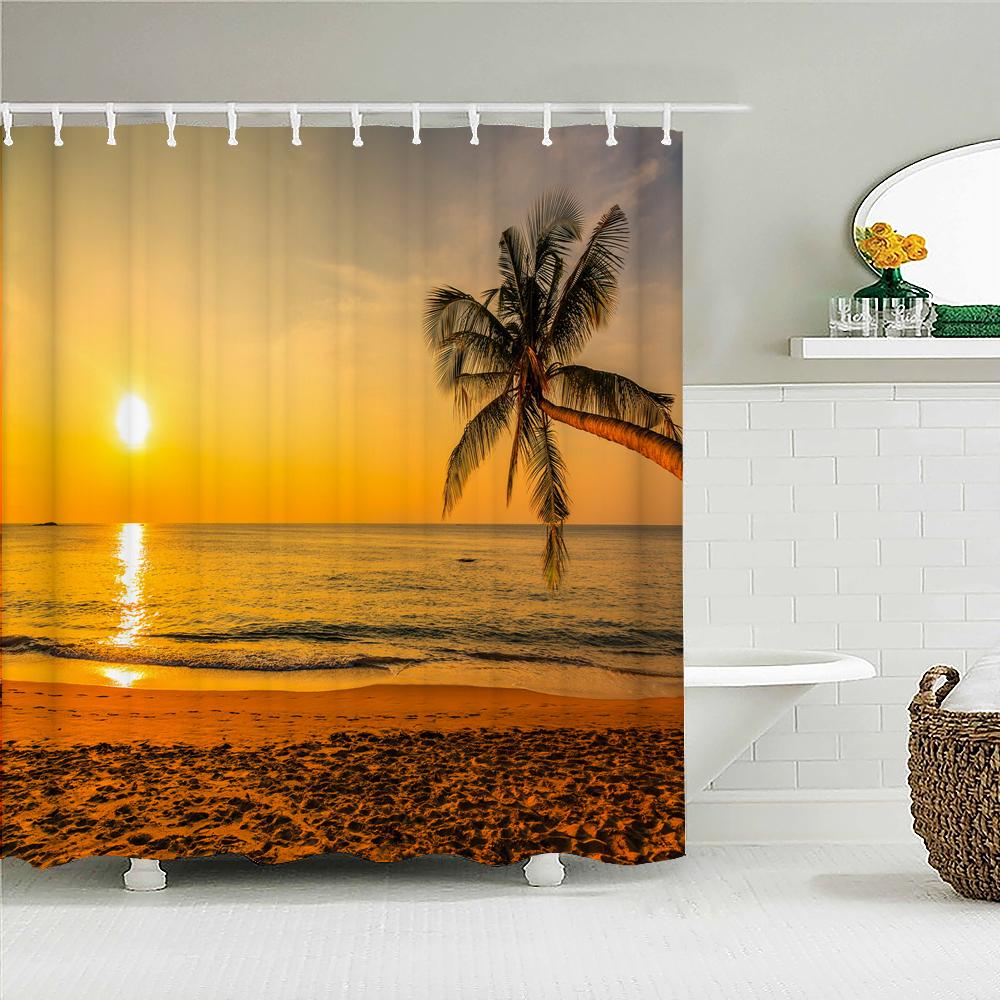 

Ocean Sunrise Shower Curtain Summer Beach Tropical Palm Tree Hawaiian Sunset Coastal Scenery Sea Wave Bath Curtain With Hooks W60H190(CM)-1 Pcs