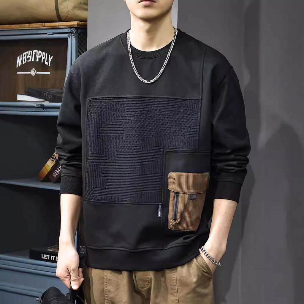 Autumn Trendy Brand Splicing Texture Sweater Men'S American Retro Tooling Pocket Heavy Abraded Loose Crew Neck Top