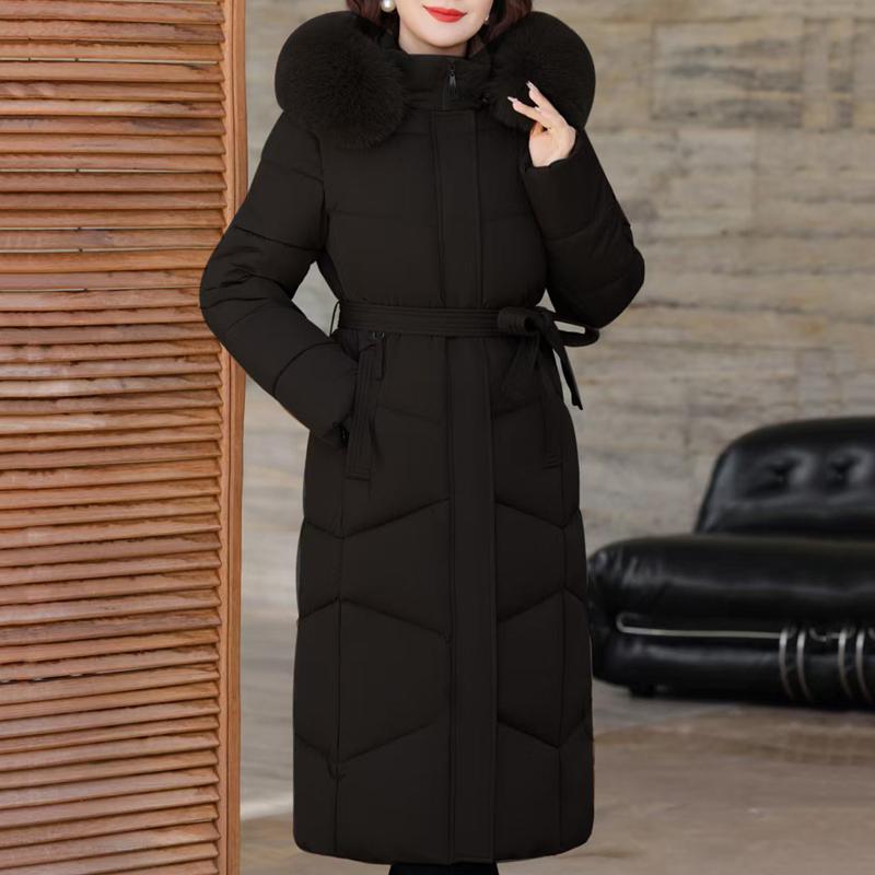 

Большие размеры XL-6XL для женщин среднего возраста, длинные парки, зимние толстые теплые пальто с капюшоном, элегантные свободные женские куртки с воротником из искусственного меха 5XL чёрный