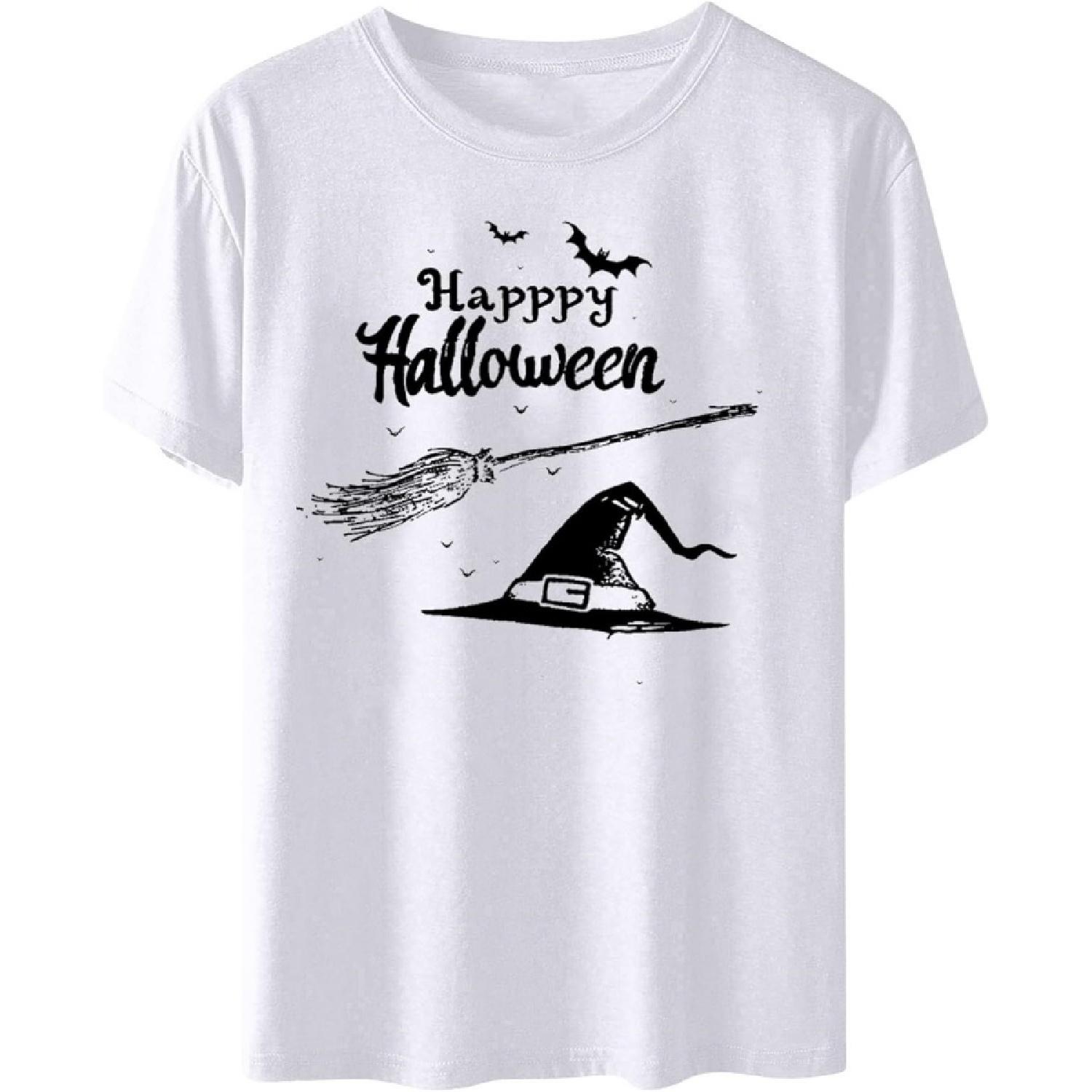 Halloween Shirt Trendy Ghost Pumpkin Dog Graphic Blouses Funny Letter Print Short Sleeve T-Shirt Halloween Crew Neck Tee S