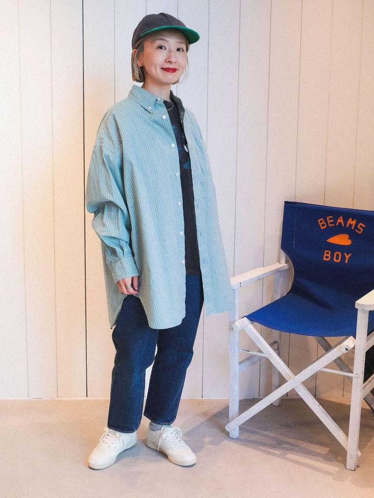 Beams Boy Dobby Stripe Free 13110453452 Women's Large/Small Button-Down Shirt, Green, Size,