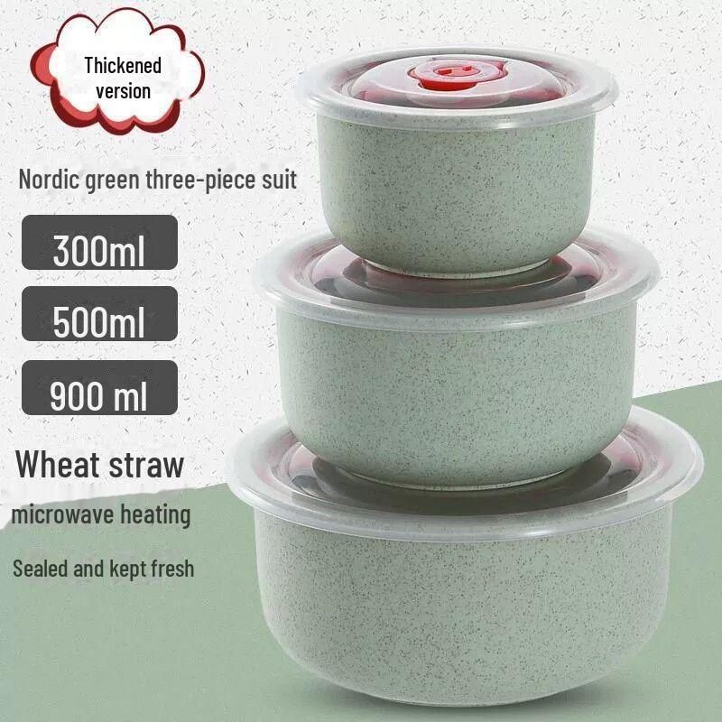 Eco-Friendly Wheat Straw Bowl Set: 3-Piece Food Storage with Lids, Microwave Safe for Reheating, Perfect for Fridge Use.