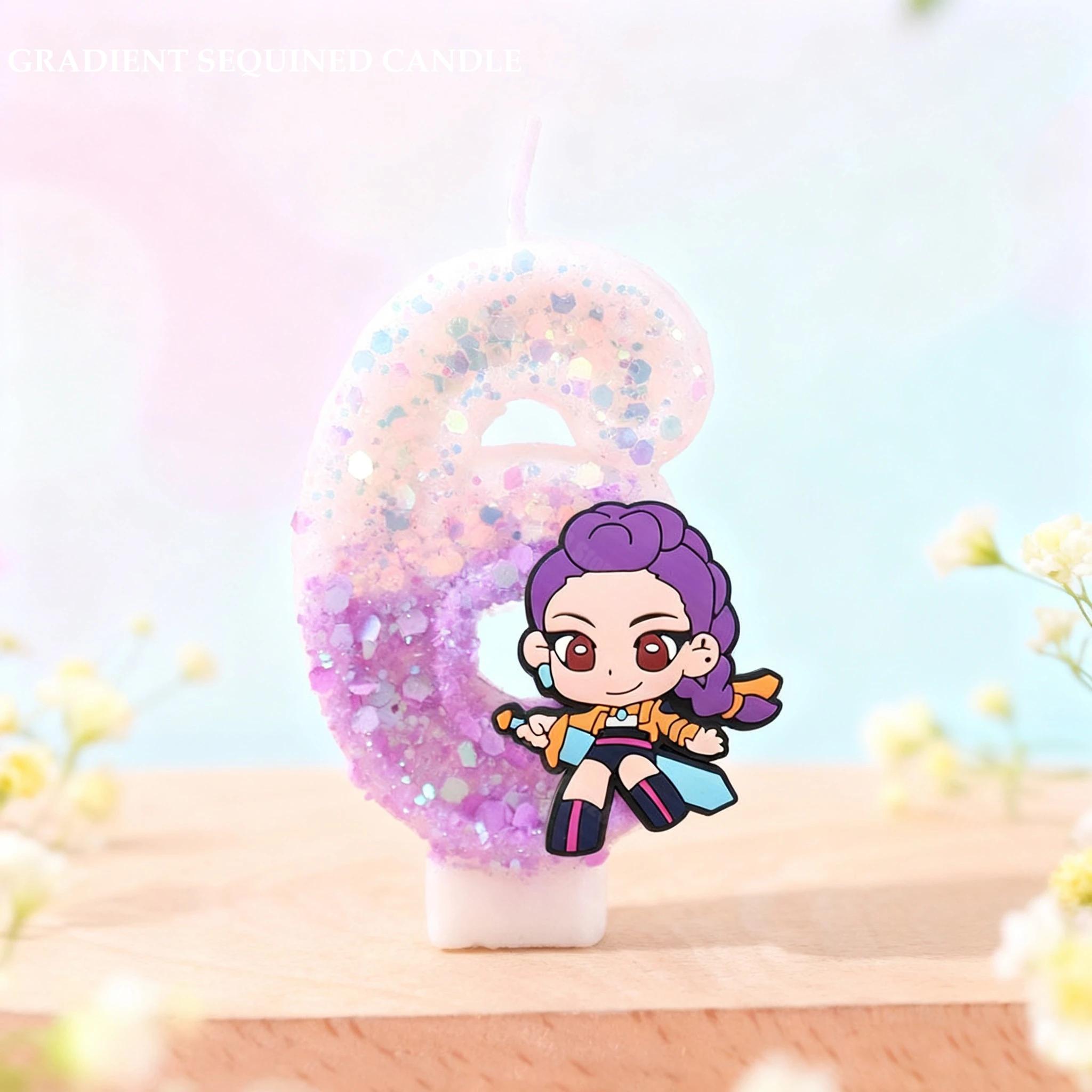 Kpop Demon Hunter Girl Group Anime Lumi Character Creative Glitter Gradient Purple Number Candle Kids Birthday Party Supplies