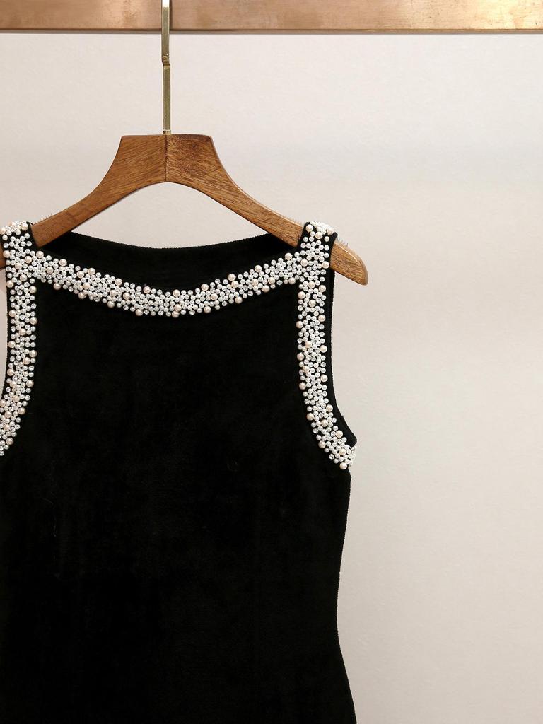 S Brand Hepburn Style Beaded Ruffled Vest Dress - Velvet Feel for Women In Autumn/Winter Collection