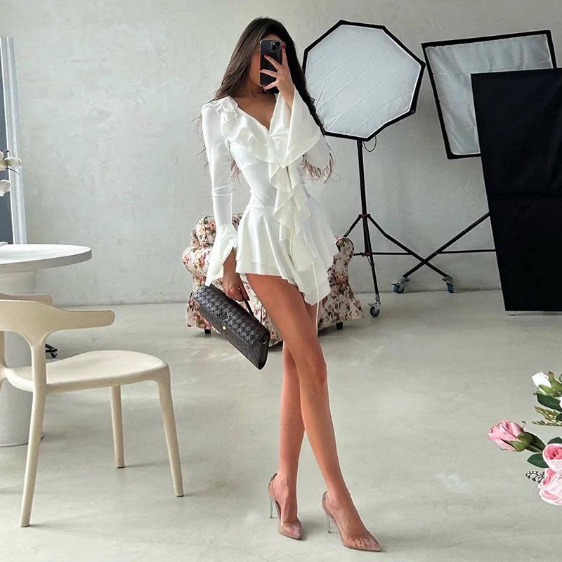 Women Fashion Solid Color V Neck Flare Sleeve Ruffle High Waist Slim Mini Dress