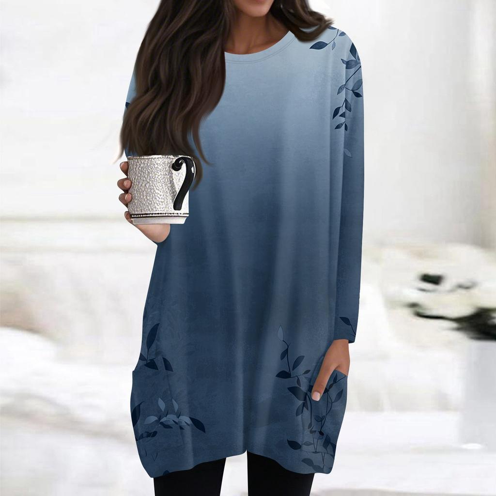 Womens Tops Round Neck  Long Sleeve Blouses Casual Mid-length Shirts Fashion Print Tunic Tops With Pockets
