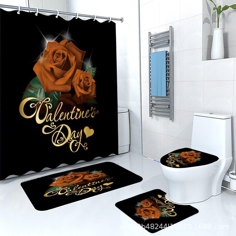 Direct Supply Digital Printing Rose Letter Bathroom Curtains Non-Slip Floor Mat Bathroom Four-Piece Combination Polyester