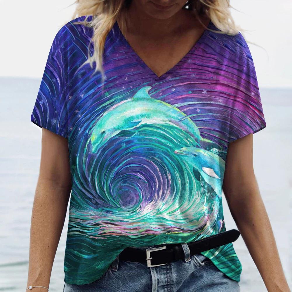 Women's Dolphin Print T-shirt V-neck Top Retro Aesthetic Clothing Oversized Funny Loose Fashion Novelty T-shirt