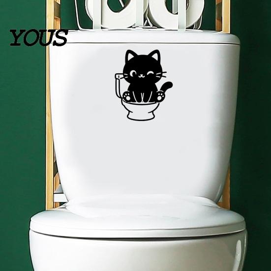 Decorative Tiles Stickers Funny Black Cat Toilet Sticker, Cute Cartoon Bathroom Wall Decal, PVC Waterproof Removable Tank Sticker for Washroom