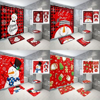 4-teiliges Duschvorhang-Set mit Weihnachtsschneemann-Karos, dekoratives Badezimmer-Set, rutschfester Teppich, Toilettendeckel, Badematte und 12 Haken