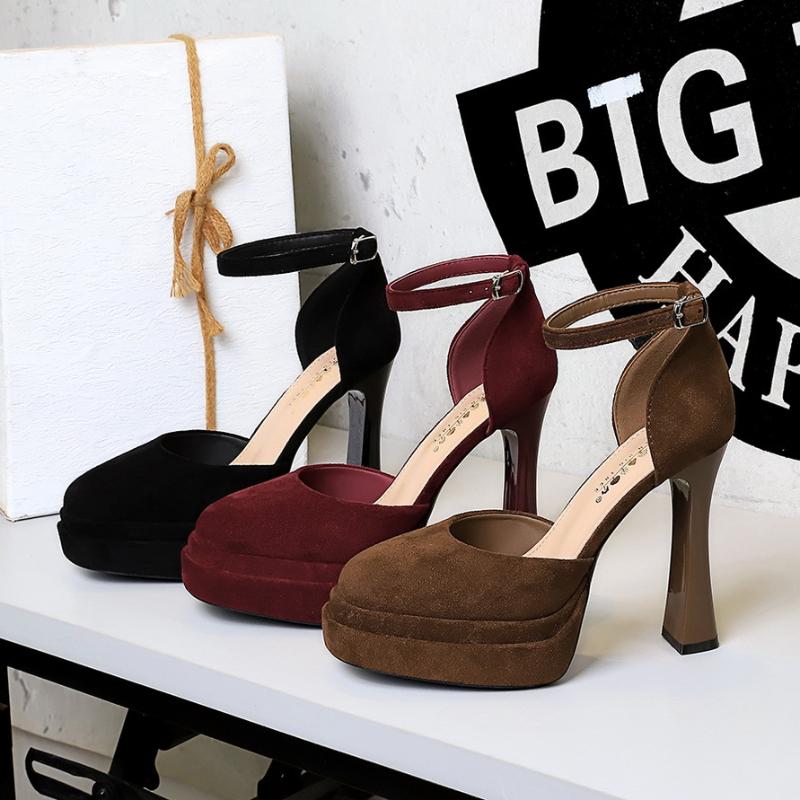 Korean Version Air-Quality Shallow Mouth Round Toe Suede Super High Heels Thick Heels Waterproof Platform One-Strip Sandals