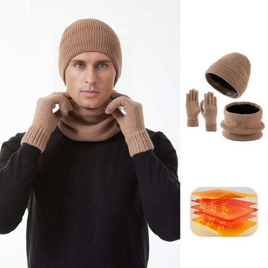 3Pcs/Set Winter Hat Scarf Gloves Set Solid Color Windproof Brimless Hat Neck Warmer Touch Screen Gloves Set