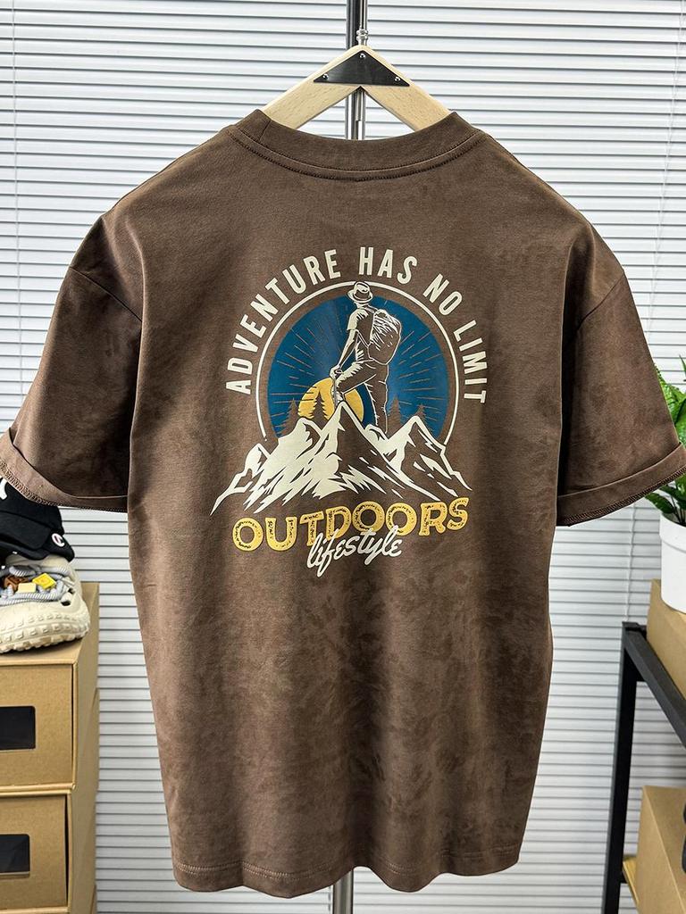 Men's Retro Mountain Print Short-Sleeve T-Shirt - Loose Fit, Round Neck, Washed Summer Pullover