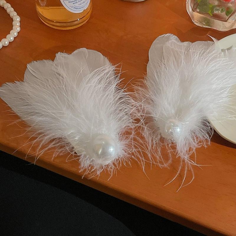White Swan Feather Pearl Headdress Hairpin Fairy Hair Accessories Side Clip