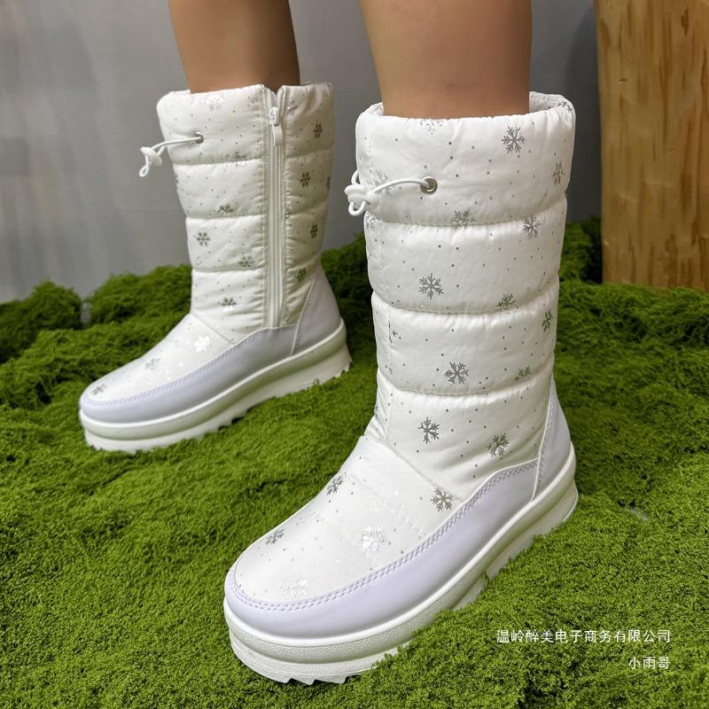 Foreign Trade New Thick-soled Down Cloth Thick-soled Snow Boots Women's Cross-border Large-size Round Head Side Zipper Long Cotton Boots