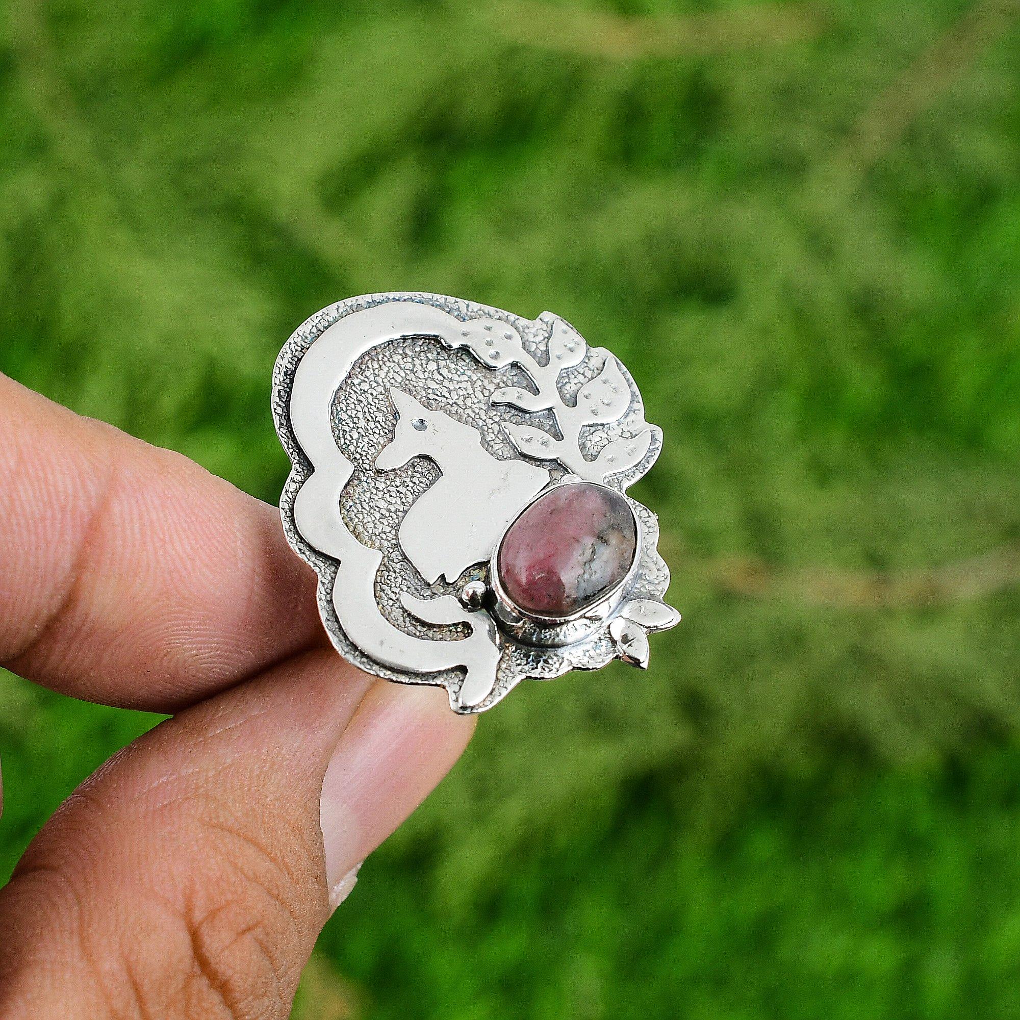 

Mothers day Sale Natural Rhodonite 925 Silver Stackable Bezel Wife Ring Jewelry Adjustable