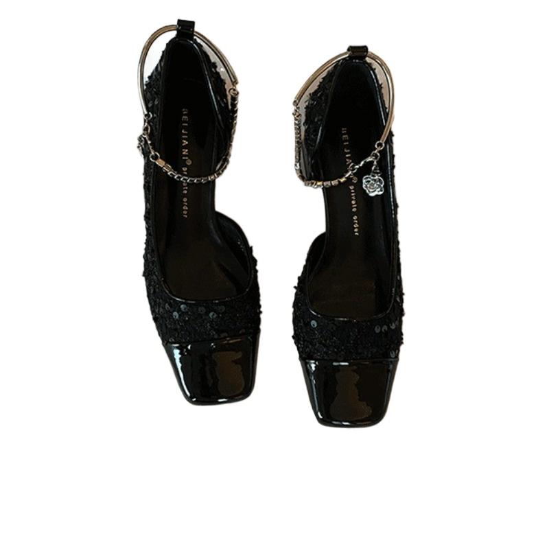Fashion 2025 Brand Ladies Shoes Shallow Women's High Heels Fashion Bling Square Toe Dress Pumps Women Best Seller The Chain Mary Janes