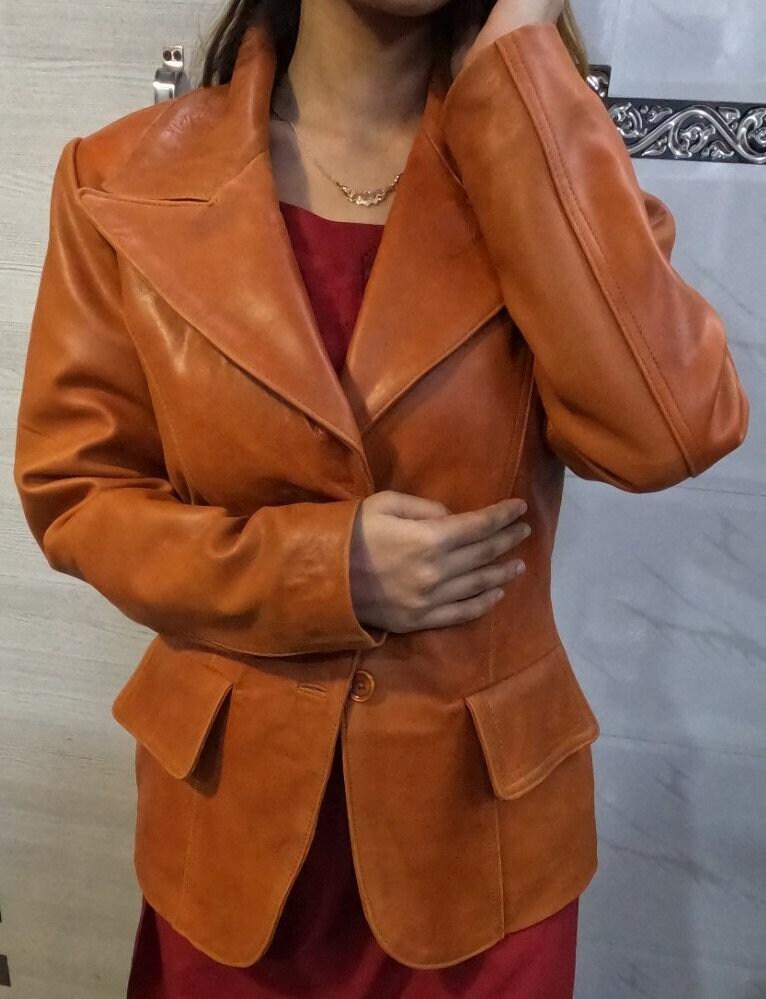Women's Leather Blazer | Burnt Orange FORMAL Blazer, Western MEETING Party Blazer | Slim Fit Leather Coat | Gift For Winter, Christmas Gift