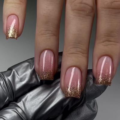 24pcs Golden Glitter Powder Gradient Nail Art Wear Short European Square Fake Nail Simple Nail