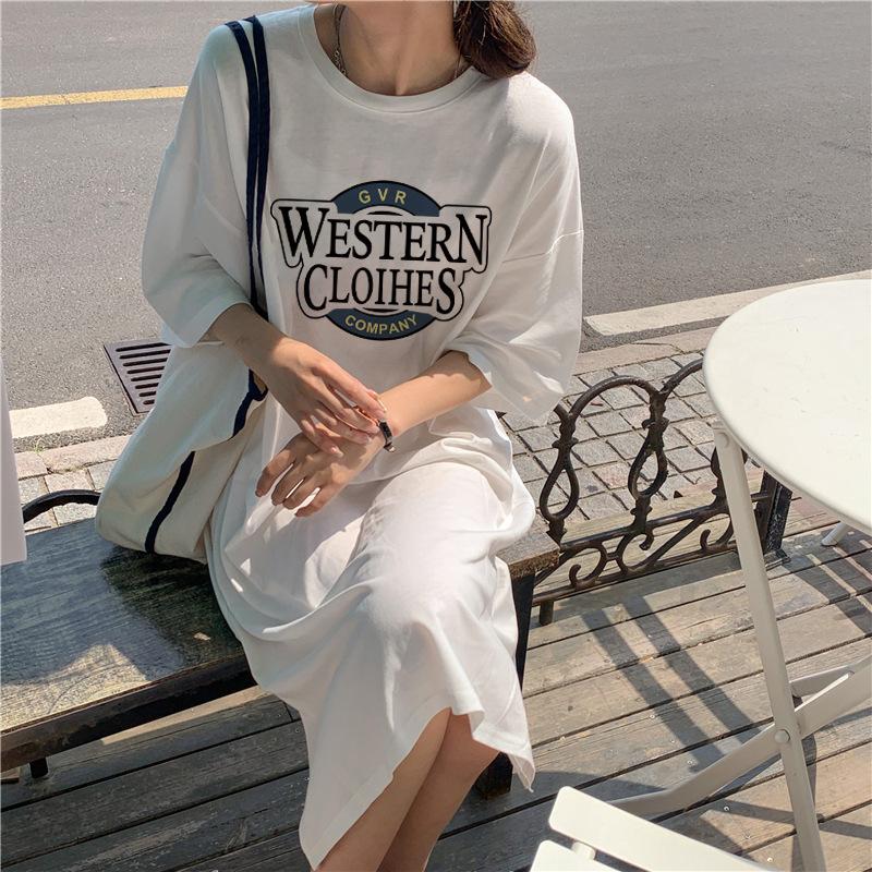Cotton Summer New Korean Loose Letter Printing Student Slit Short Sleeve Mid-length Dress for Women