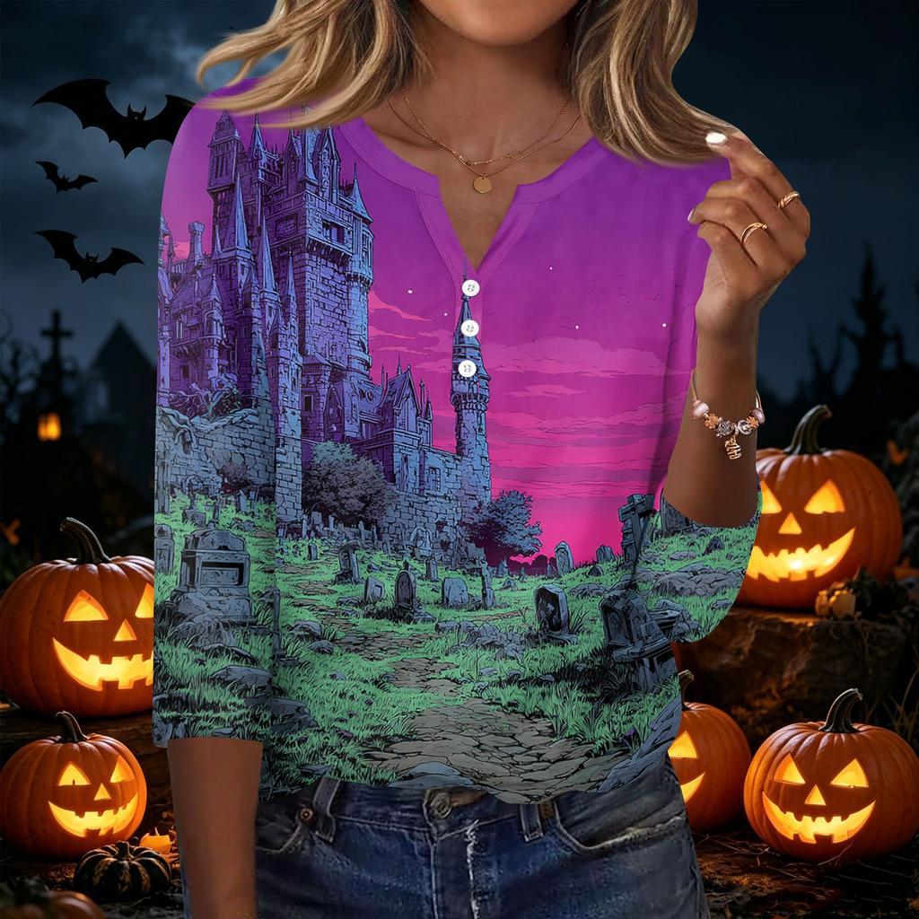 Women's Casual Halloween Print V Neck Button Front Three Quarter Sleeve T Shirt Top Lightweight Comfortable Fit for Everyday Wear