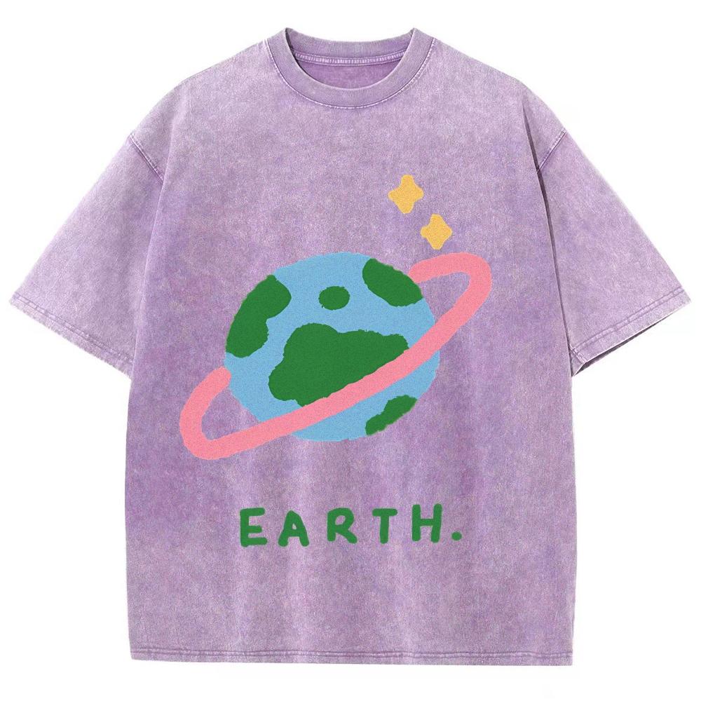 Cute Earth Cartoon Pattern Vintage Snowflake Washed T-Shirt Trendy Y2K Women s Short Sleeve  Cartoon  Print Cute Aesthetic S