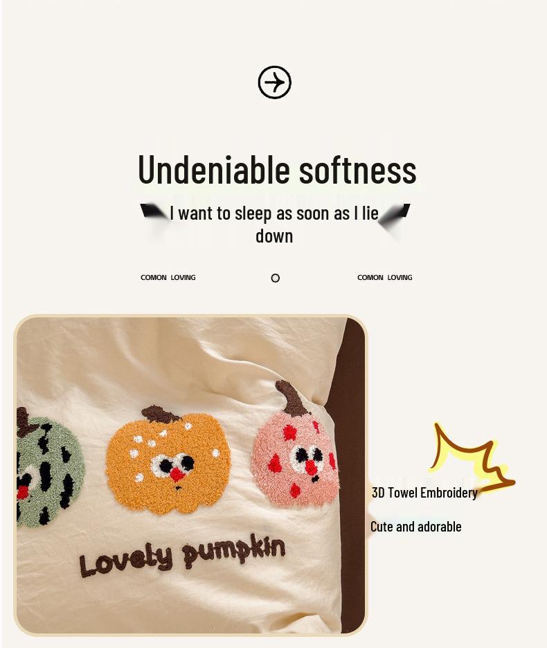 Cartoon Embroidered Cotton Terry Bedding Set - Skin-Friendly, Washable, 4-Piece Set with Bed Sheet and Duvet Cover (Student Size)