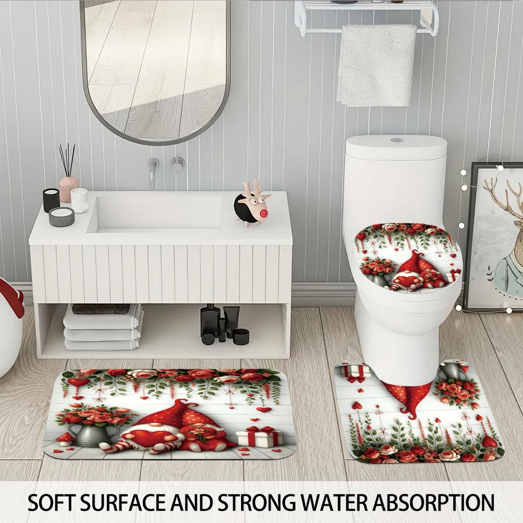 4pcs Valentine's Day Pink Romantic Love Gnome Print Bathroom Set 180x180 Waterproof Shower Curtain Floor Mat U-shaped Toilet Mat