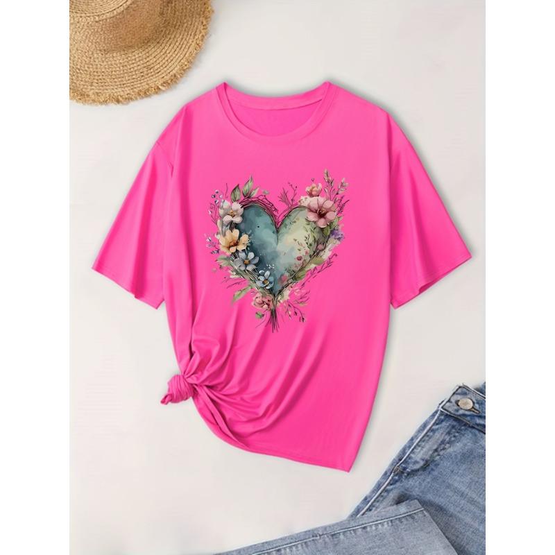 Short Sleeve Love Flower Large Size Round Neck Fashion T-Shirt