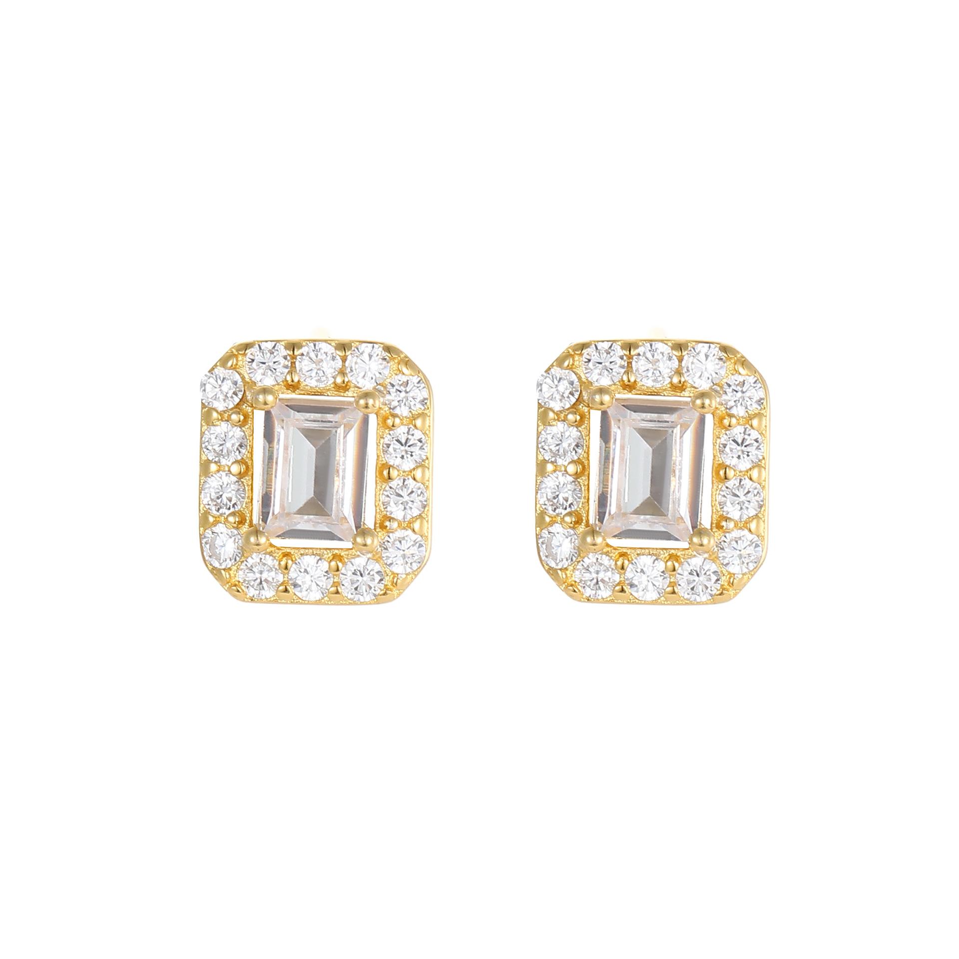 18K Gold Plated 925 Silver Square Cubic Zirconia Stud Earrings, Minimalist Luxury Jewelry for Daily Wear золотой