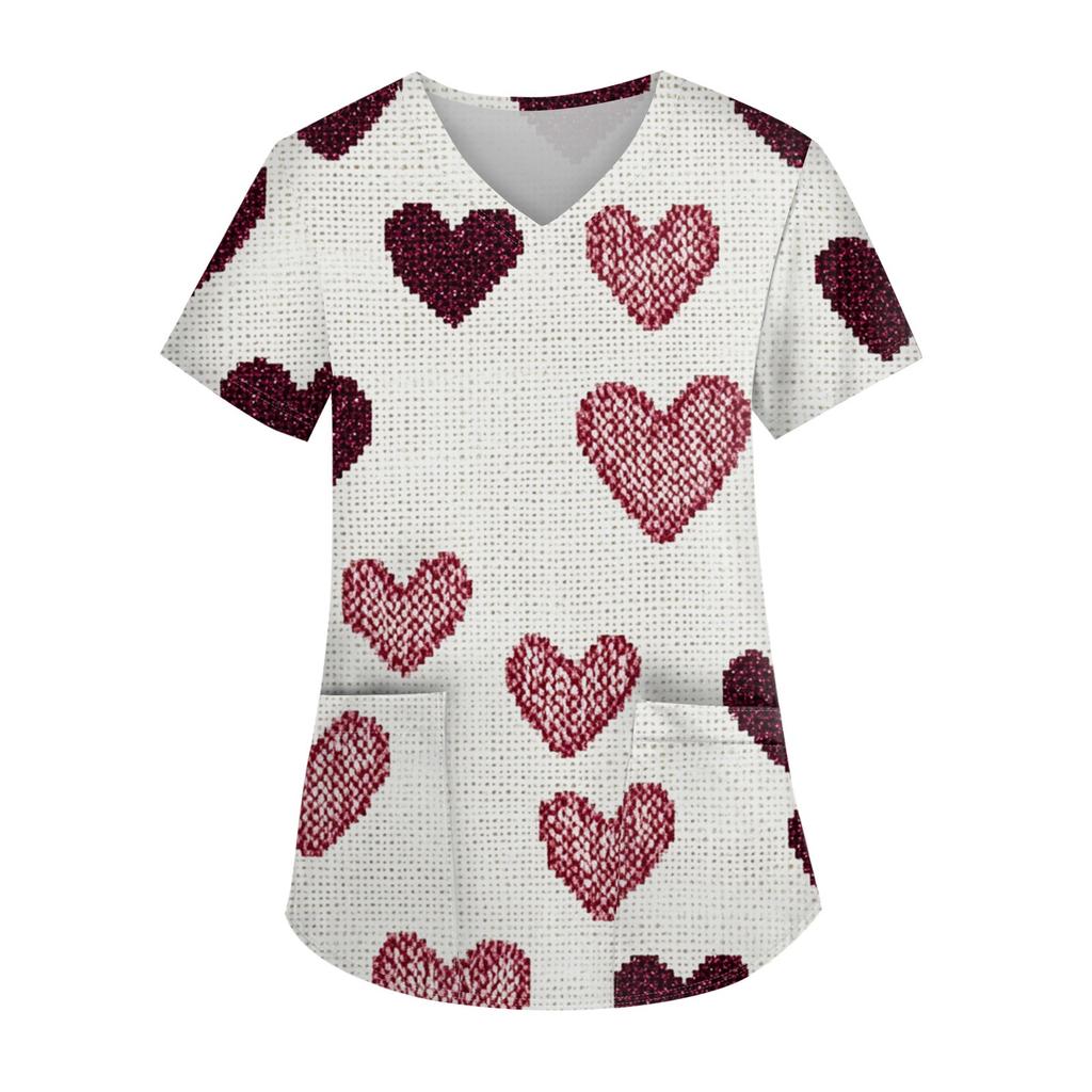 Damenmode, lässig, kurzärmelig, mit Herz-Print, V-Ausschnitt, Oberteil zum Valentinstag