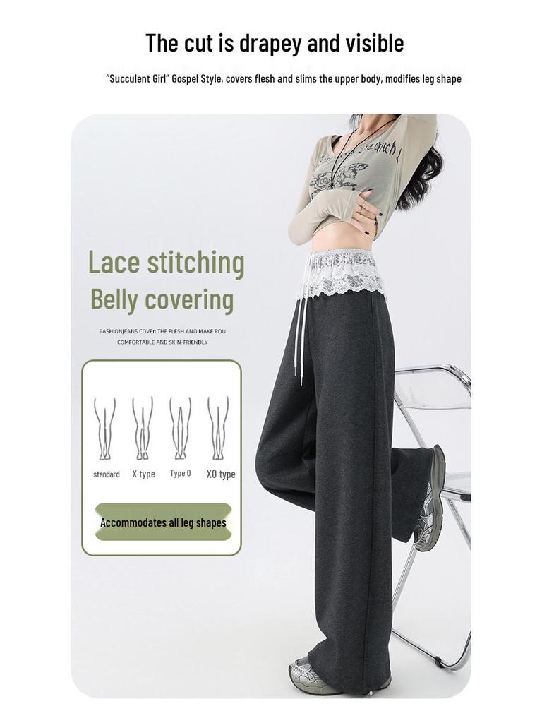 Lace Mesh Patchwork Drawstring Women's Wide-Leg Pants - Spring Comfort, Lazy Style, Versatile & Trendy Sweatpants.
