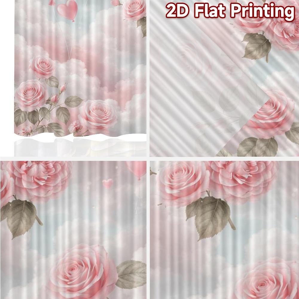 2D FLAT PRINTING 2pcs Curtains (Without Rod) Valentine's Day Hearts and Roses Print Modern Curtains Durable Polyester Curtains