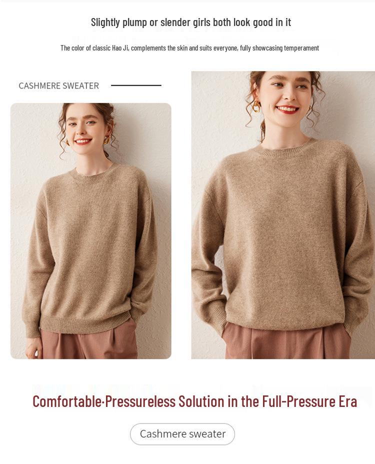 Women's Cashmere Round Neck Pullover Sweater - Autumn/Winter Thick Knit Base Layer