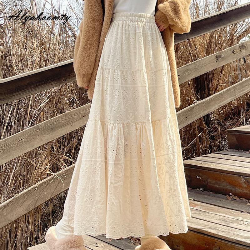 

Корейский стиль, весенне-осенняя женская милая юбка-миди с высокой талией, черно-белая абрикосовая абрикосовая ажурная юбка, хлопковая вышивка, элегантные женские юбки ONE SIZE