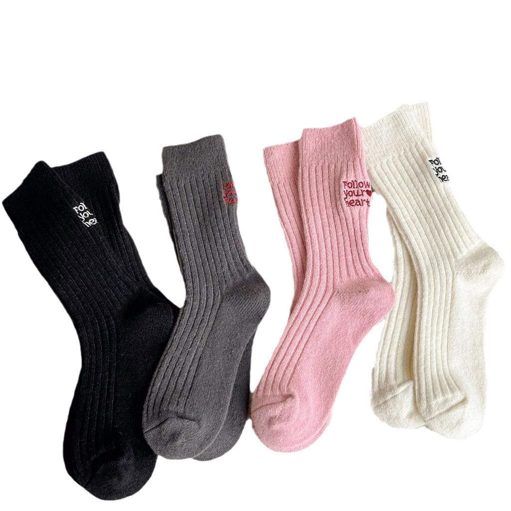Deer Velvet Stacked Socks Solid Color Heel Ab Embroidered Trendy Socks Cashmere Socks Thickened Warm Socks