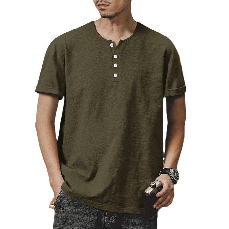 Heavyweight Bamboo Henry Collar Men's T-shirt Short-sleeved Summer Casual American Big Size Solid Colour Men's Button Up Tops