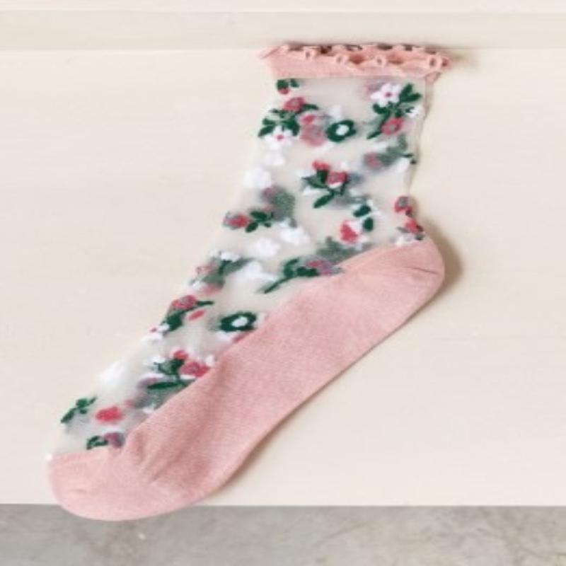 Flower Embroidery Women's Socks Summer Ultra-thin Transparent Crystal Silk Socks Women Japanese Breathable Medium Tube Socks Sox
